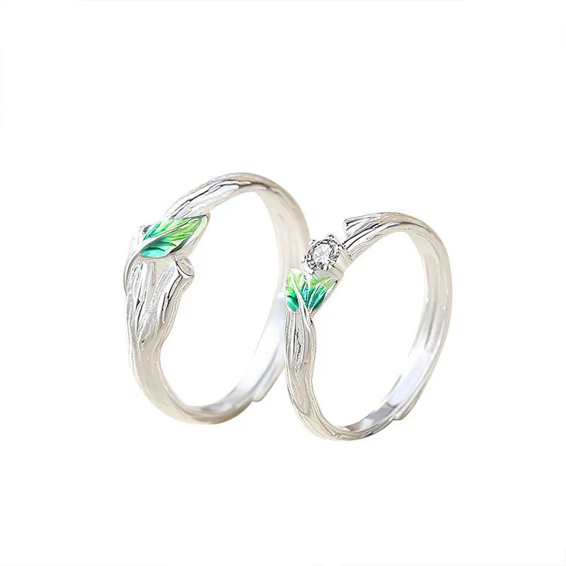 Sweet Simple Green Leaves Young Couple Ring For Women Lover Silver Color Open Resizable Rings Romantic Wedding Jewelry Qme