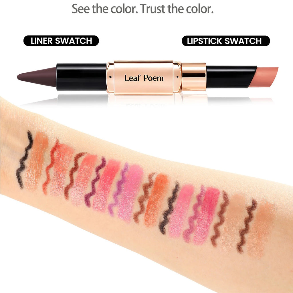 2-in-1 Ultra Fine Lip Liner Velvet Matte Dark Purple Mirror Lipstick Waterproof Non Sticky Contouring Tint Outline Lip Makeup Qme