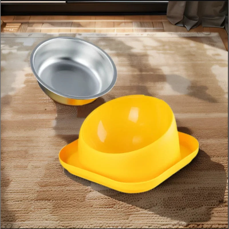 15° Tilted Stainless Steel Cat Bowl with Anti-Slip Plastic Base Neck Protection Pet Food Water Feeder Bowl for Cats And Kittens Qme