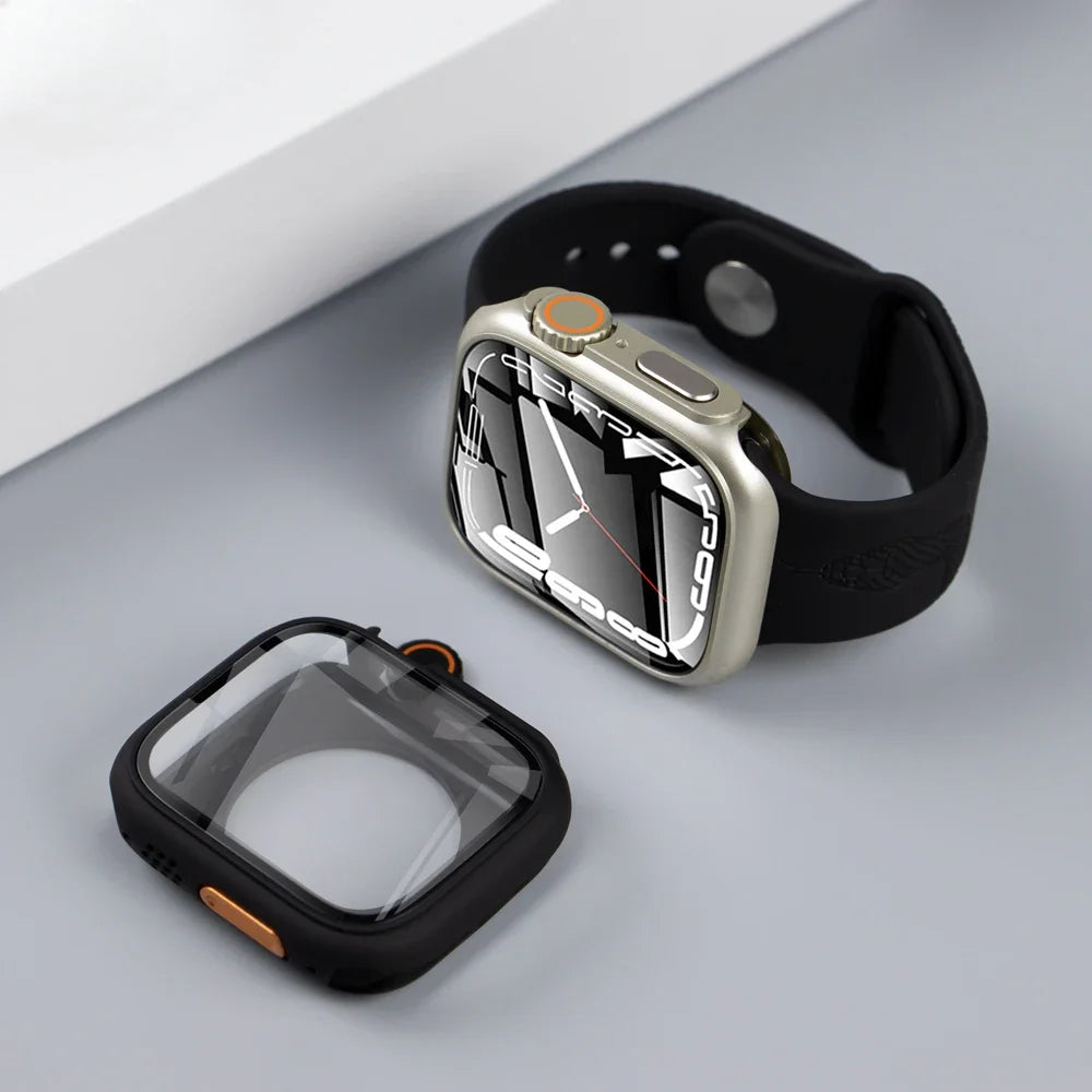 PC Case for Apple Watch Series 9 8 7 4 5 6 SE 45 44 Screen Protector Hard Shell Tempered Glass Change To Ultra 49mm cover Bumper Qme