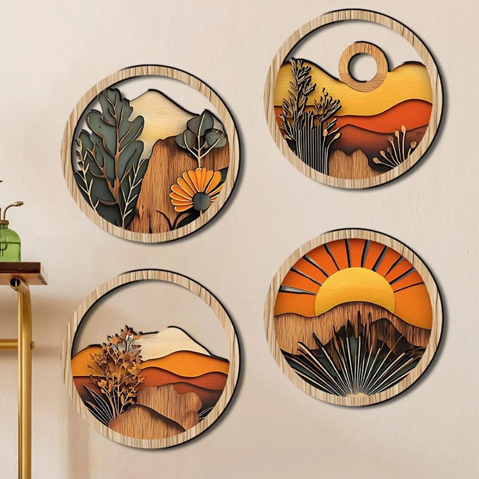 Boho Wall Art Living Room Bohemian Round Wooden Frames Aesthetic Qme