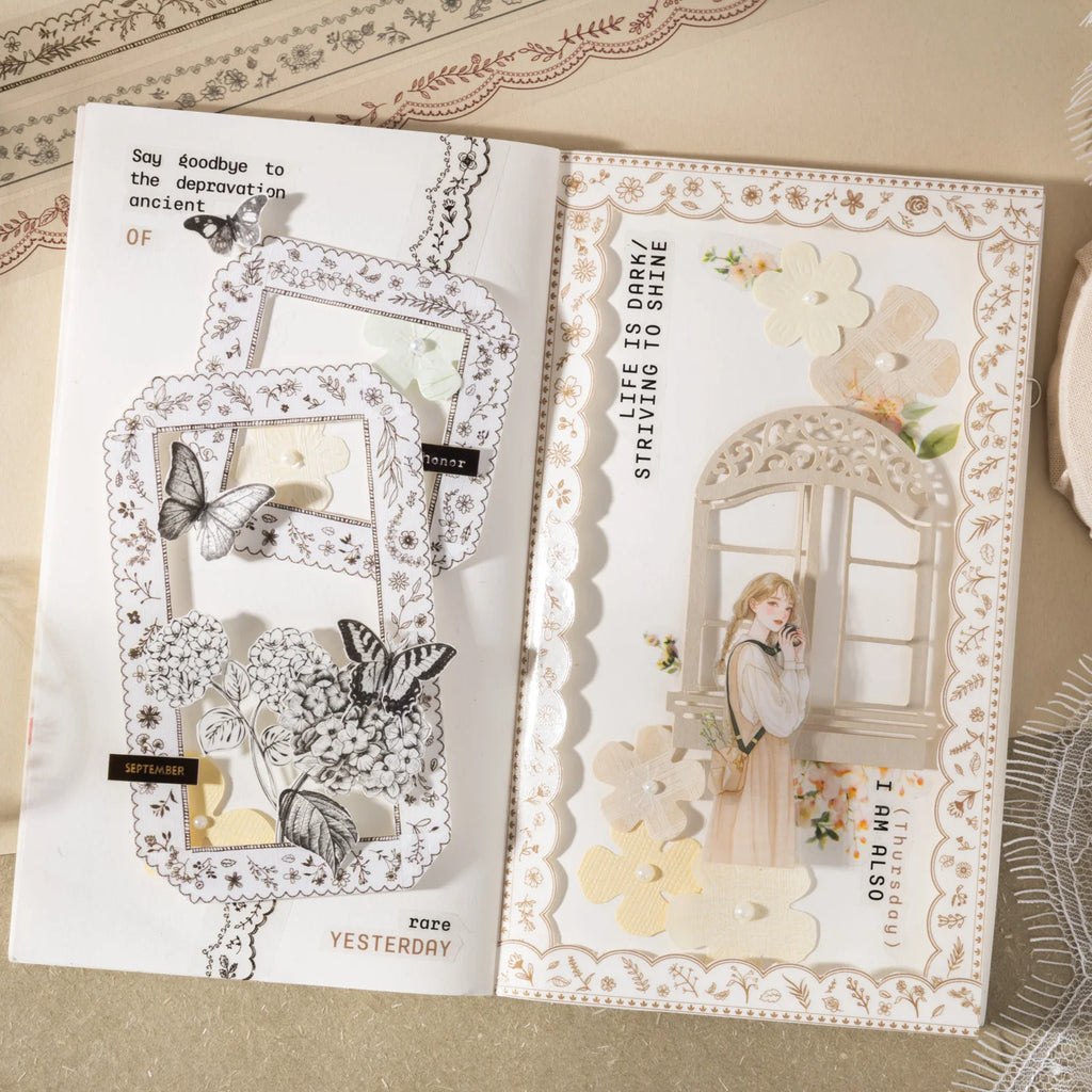 1 Roll Floral Lace Border Theme PET Decorative Washi Tape for DIY Journal, Photo Frame Collage, Scrapbook Material Qme