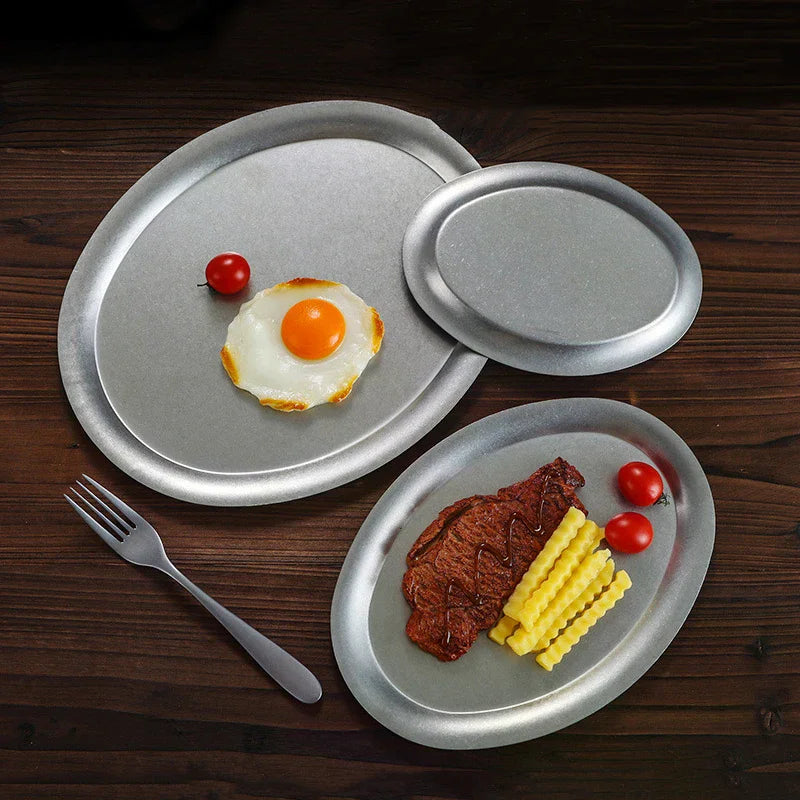 1 Pcs Japanese Vintage Oval 304 Stainless Steel Restaurant Plate Dessert Tray Kitchen Tableware Qme