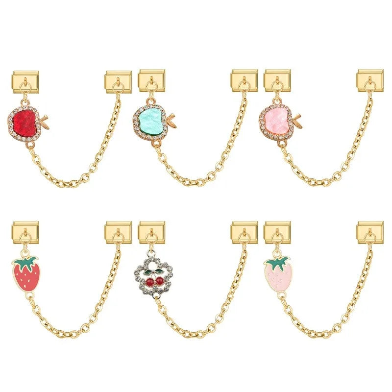 Shiny Zircon Red Apple Fruit Strawberry Cherry Chain Italian Charm Links Fit 9MM Bracelet Stainless Steel Women DIY Making Gifts Qme