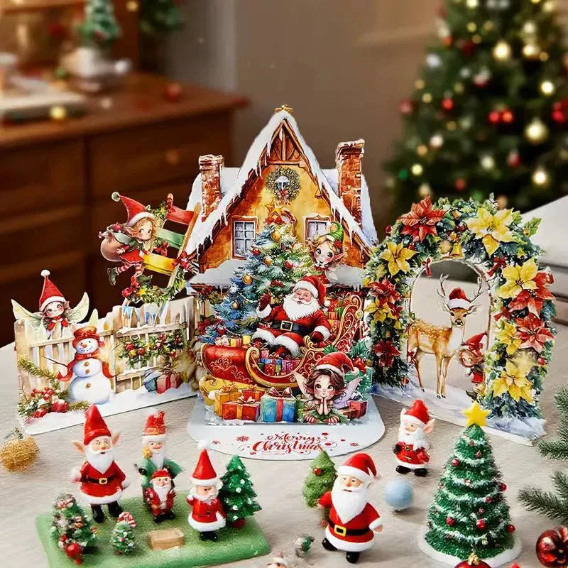 3D Christmas Card Night Before Scene Santa Reindeer Snowy Village Qme