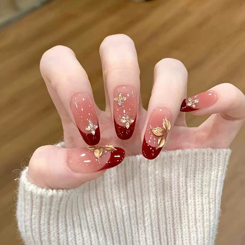 Sweet Cool Wine Red Gradient Press On Nails Luxury French Manicure with Gold Foil Flower Design Reusable Glue On Nail Art Qme