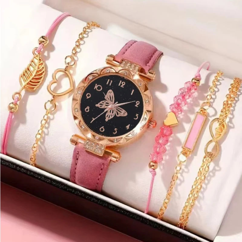 5Pcs Women Pink Suede Strap Watch Set, Floral Bezel Snowflake Dial Quartz Watch + Leaf Heart Pink Crystal Stack Bracelets Qme WHITE