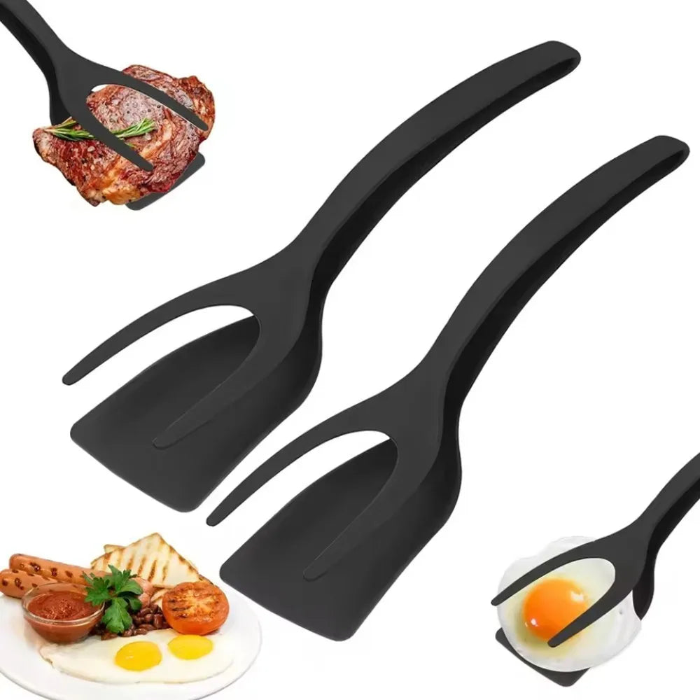 2-in-1 Silicone Egg Flipper Tongs Non-stick Spatula Fish French Toast Qme
