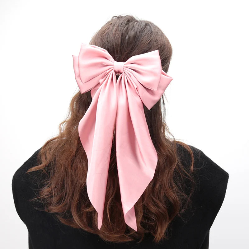 Elegant Bow Ribbon Hair Clip for Women Fashion Solid Satin Black Clip Simple Hairpin Headband with Clips Girls Hair Accessories Qme Pink
