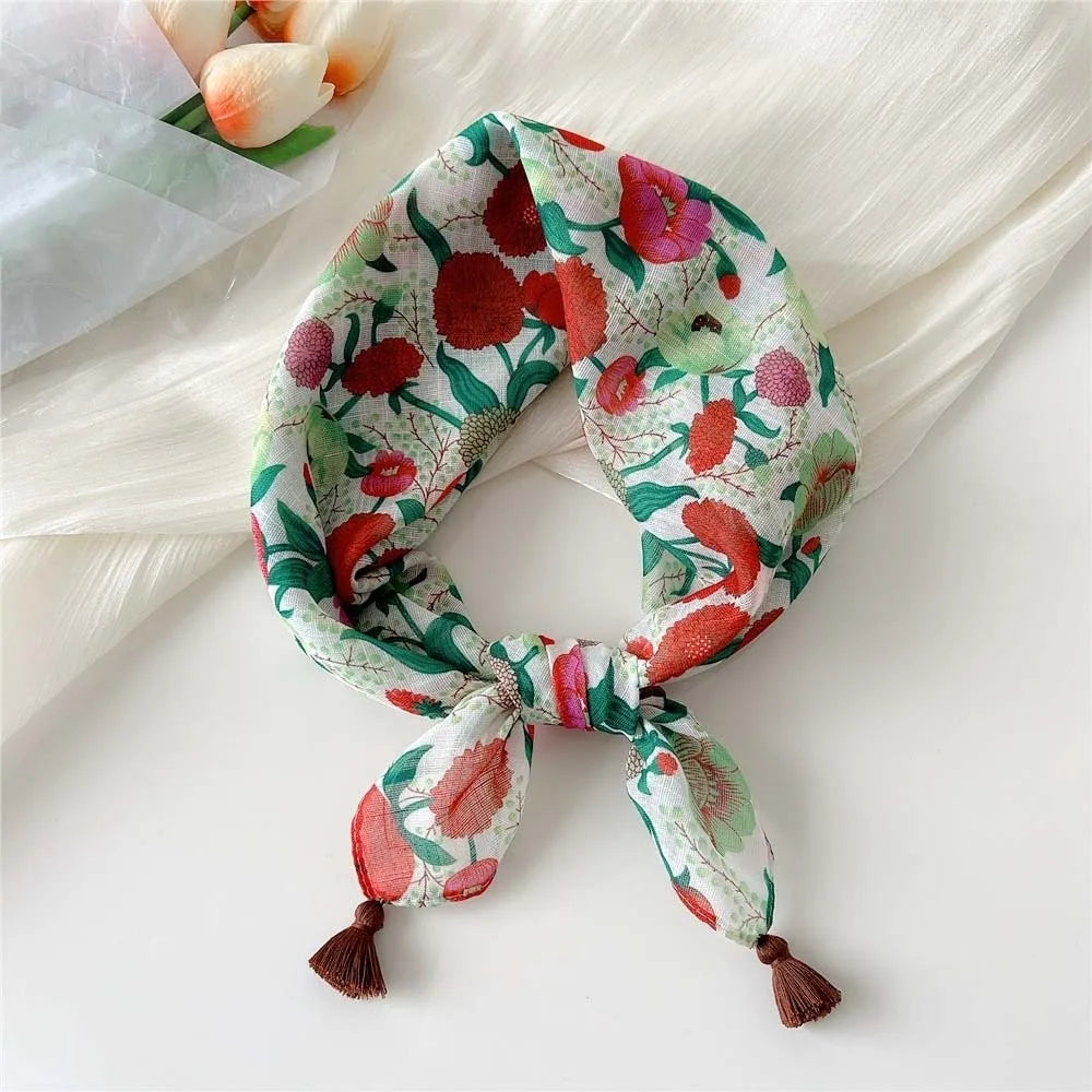 Neck Wrap Cotton-linen Square Scarf Fringed Breathable Hair Bandana Qme Style 1