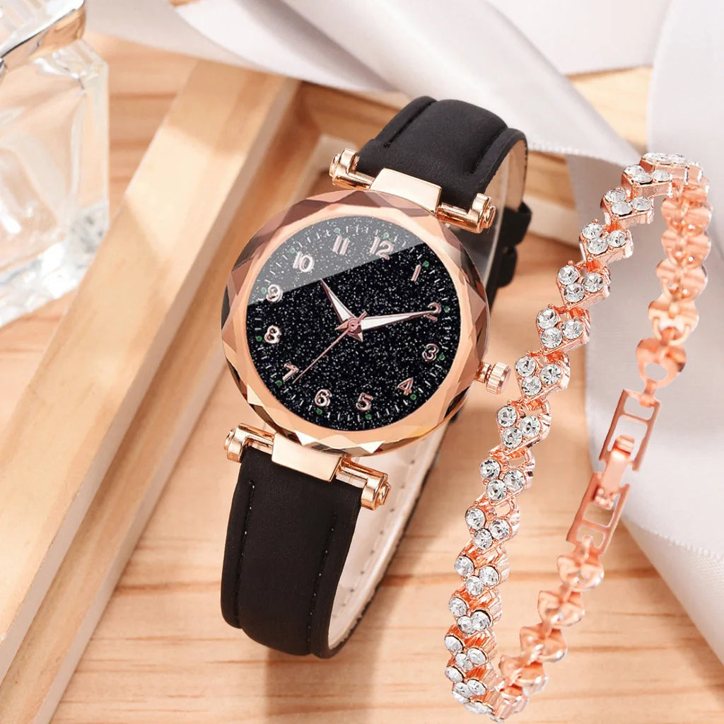 2PCS/Set Light luxury Korean version fashion trend women's casual simple belt jewelry watch bracelet set watch Qme W167-C