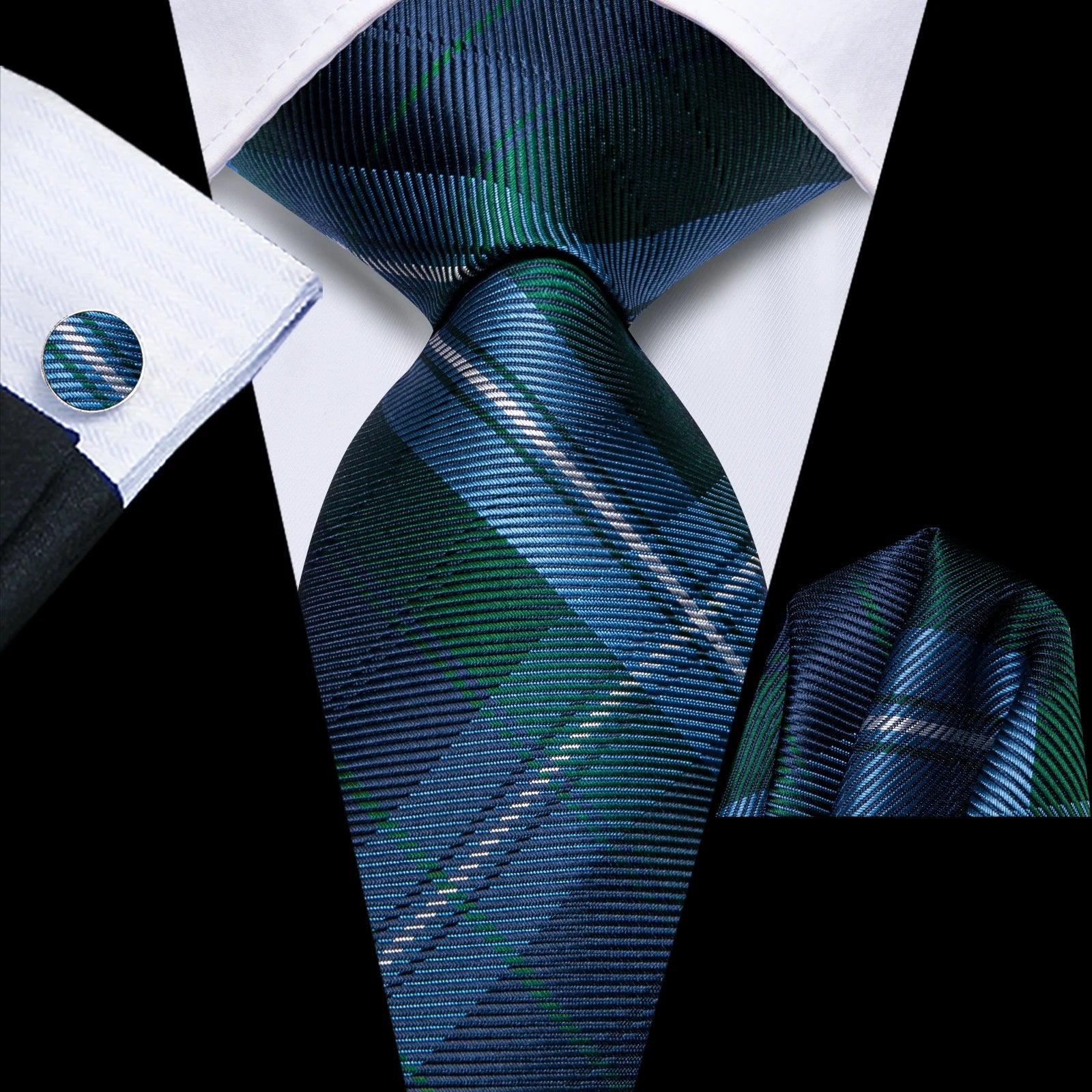 Hi-tie Men Pink Green Necktie Handkerchief Cufflinks Tuxedo Accessory Qme HT-N-0201