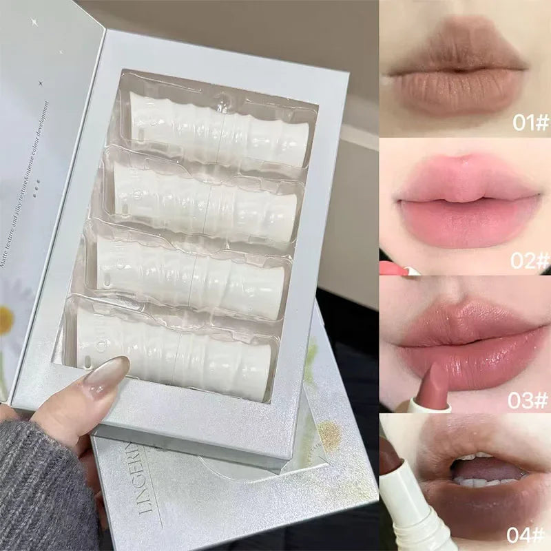 QIBEST 4 Colors Lip Stain Light Color Makeup Sets Soft Mist Waterproof Colorful Lipstick Long Lasting Shiny Lipstick Cosmetics Qme 4 Colors Sets