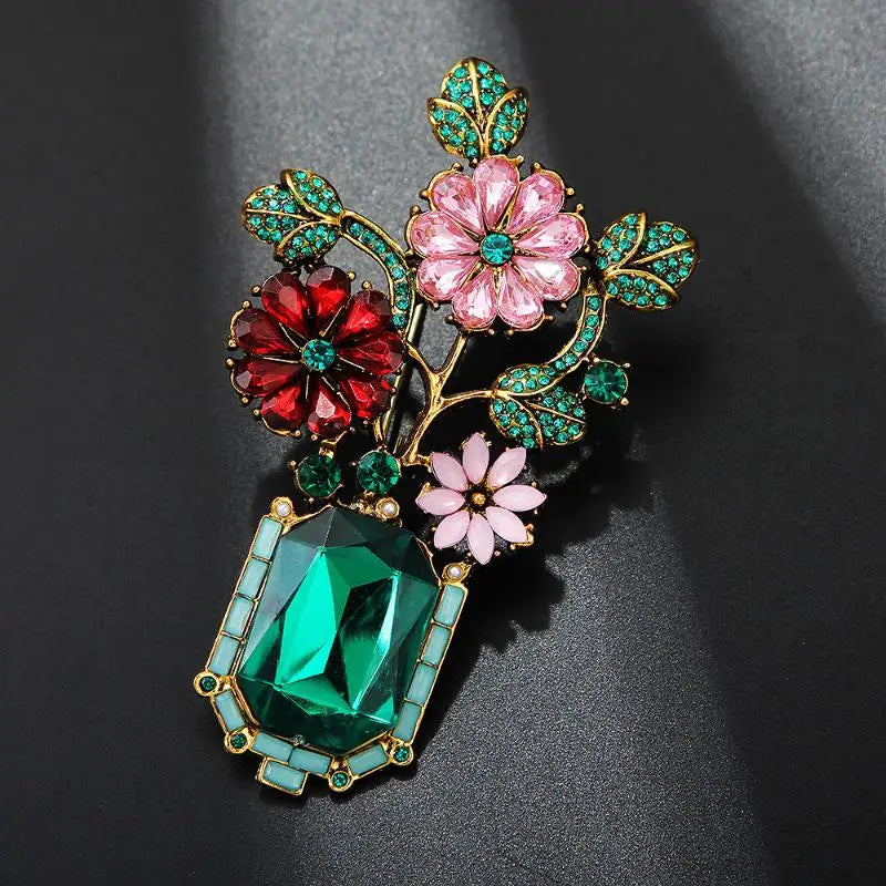Vintage Emerald Crystal Flower Vase Brooch Shiny Rhinestone Decor Anti-Fade Lapel Pin Gift for Women Friend Qme Default Title