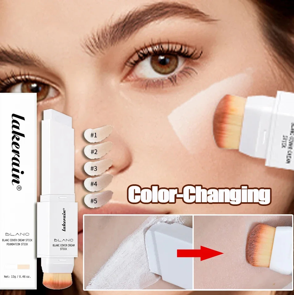 Dual-Ended White Color Changing Foundation Stick With Brush Makeup Smoothly Blending Moisturizing Brightening For All Skin Type Qme
