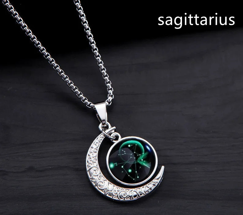 12 Constellation Luminous Necklace Zodiac Signs Jewelry Crescent Moon Pendant Glow In The Dark Necklace Birthday Gifts Unisex Qme Sagittarius