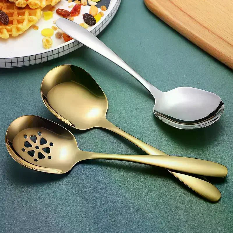 Household Public Serving Spoon Stainless Steel Soup Colander Spoon For Ice Cream Dinner Spoons Rice Salad Kitchen Tableware Qme
