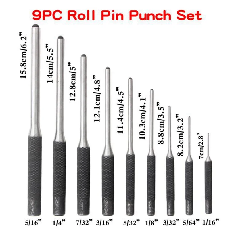 A02F-9-Piece Steel Multi-Size Round Heads Pin Impact Set Professional Hollow End Driver Chisel Tool Qme