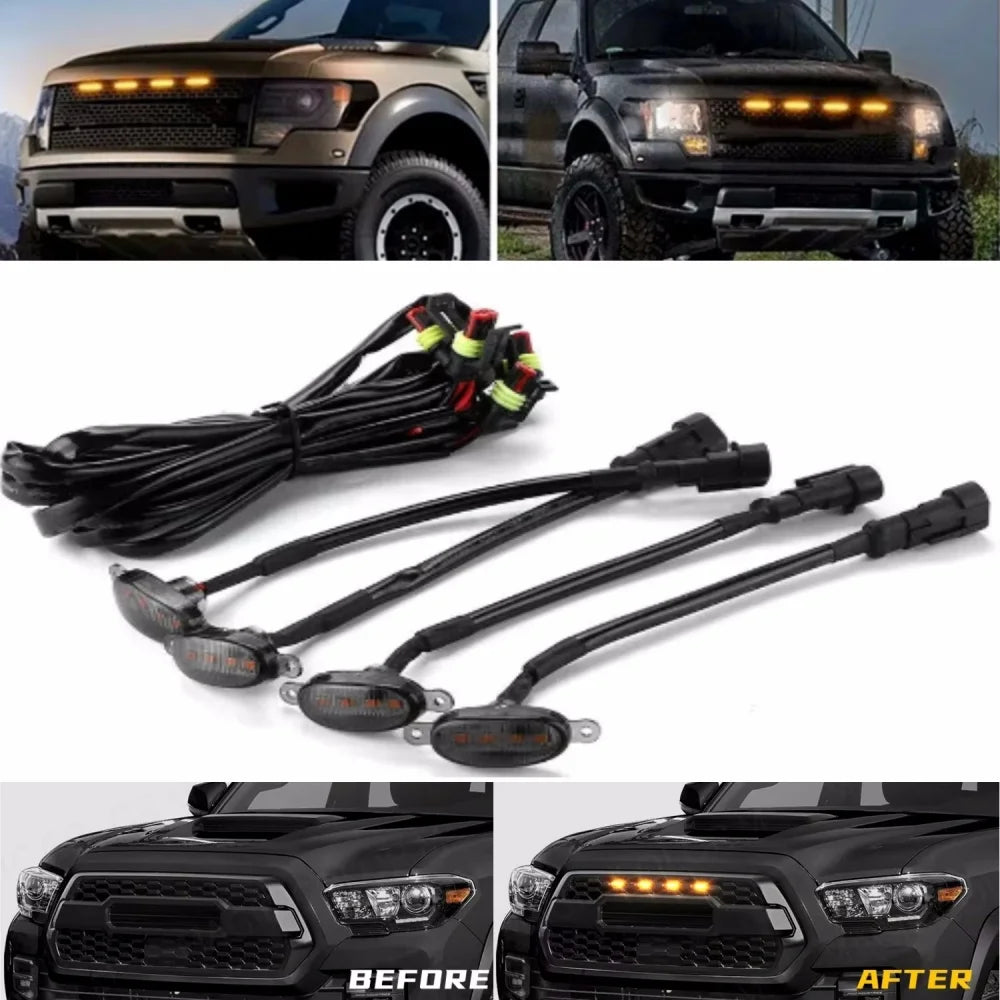 Universal Car Front LED Grille Light Smoked Amber White 12LED Grill Light Eagle Eye Lamp for Off Road Trunk SUV Ford Toyota 12V Qme 4PC Smoked Amber