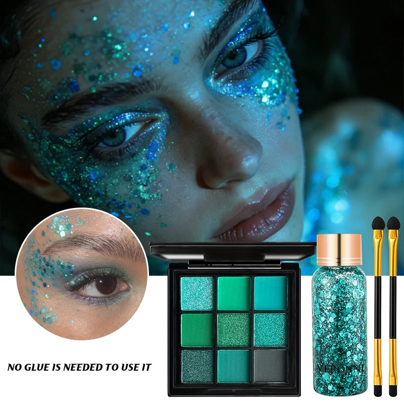 9 Colors Green Eyeshadow Palette Glitter Gel Brushes Matte Shimmer Qme