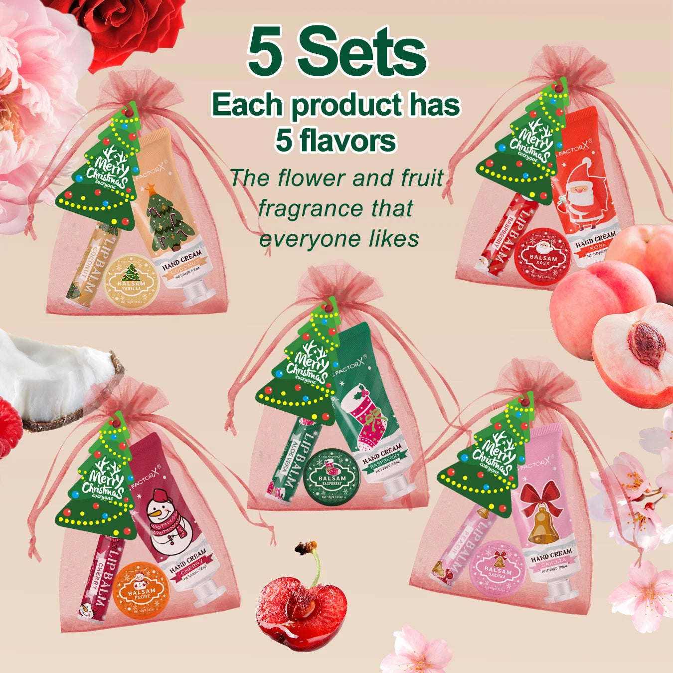 5 Pack Christmas Self Care Gift Set, Lip Balm Hand Cream Solid Perfume, Hydrating Skin Care Qme