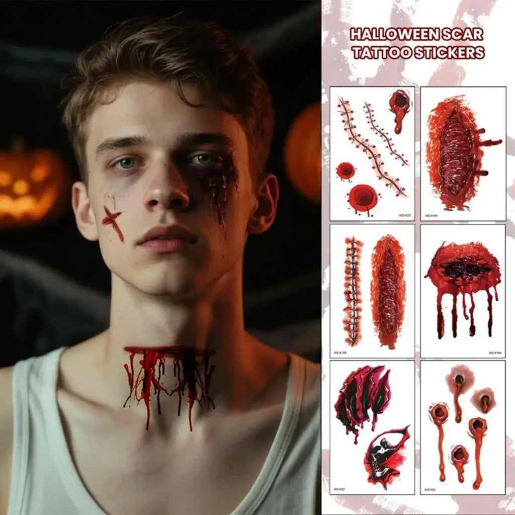 A 10pcs Waterproof Halloween Tattoo Stickers Bleeding Wound Scar Temporary Tattoos for Women Men Fake Tattoo For Halloween Party Qme