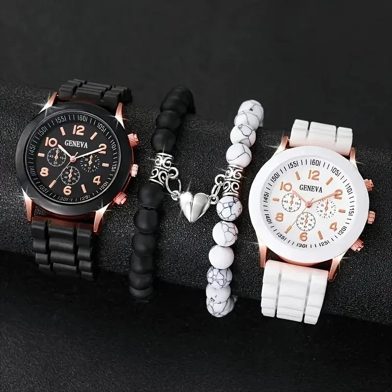 Geneva Couple Watch Set Silicone Band Men Women Quartz Wristwatch Sun Moon Pendant Necklace Jewelry Set Qme 4