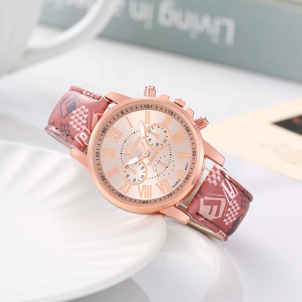 New Women's Watch with Belt Geneva Quartz Watch Belt Fashion Women's Watch Scale Watch 6pcs Qme 3