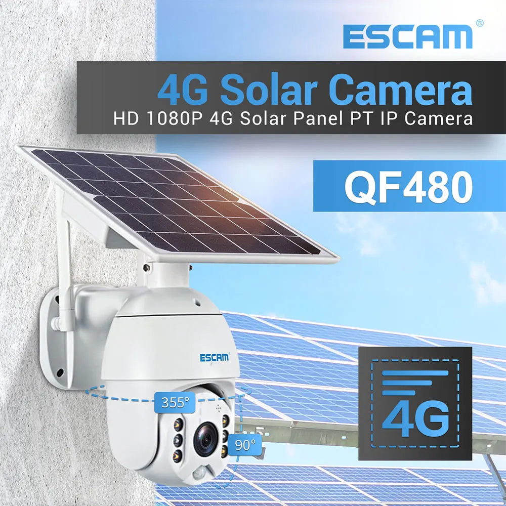 ESCAM QF480 1080P Cloud Storage PTZ 4G Battery PIR Alarm IP Camera with Solar Panel Night Vision IP66 Waterproof Two Way Audio Qme South America