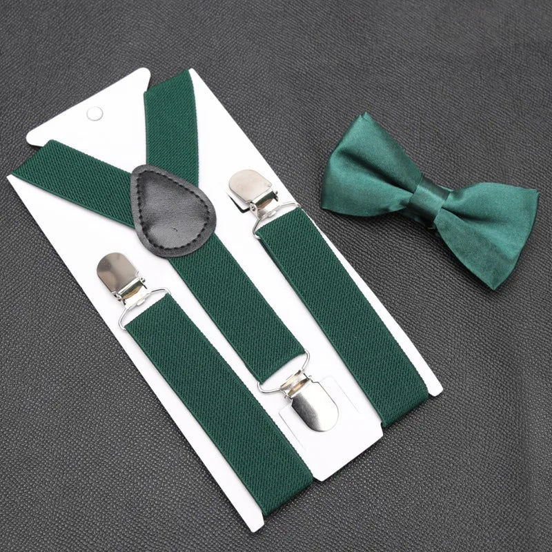 Kids Suspenders for Pants Bowtie Set Matching Tuxedo Suit Boy Girl Childs Black Adjustable Y-Back Brace Belt Wedding Accessories Qme green