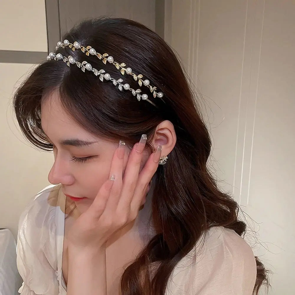 Wedding Bride Headwear Pearl Wash Face Hair Band Leaf Headband Qme