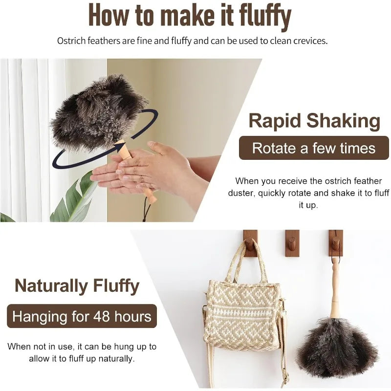 Natural Fluffy Ostrich Feather Duster Handle Reusable Furniture Qme