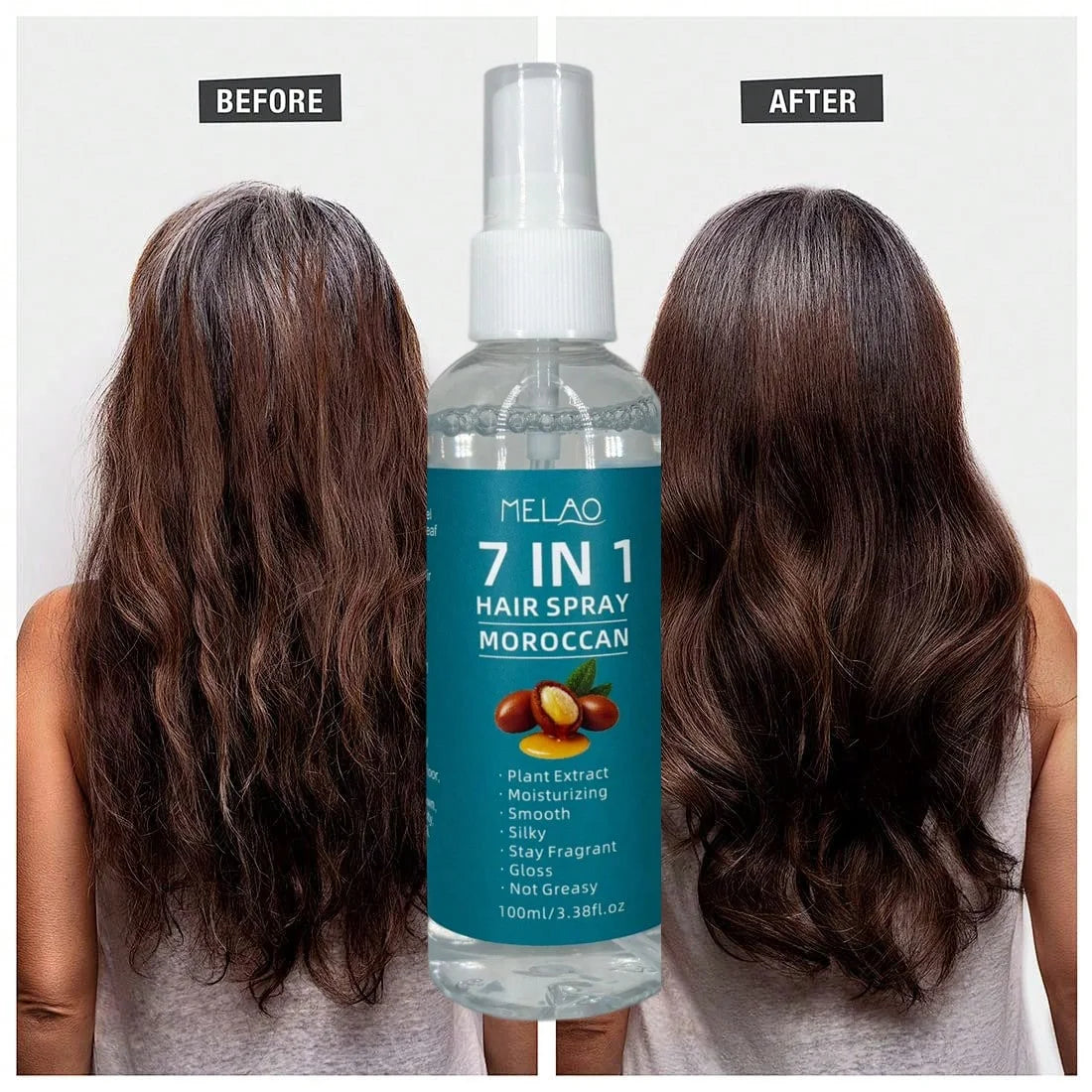 MELAO 7 IN 1 Moroccan Hair Spray, Moisturizing, Smooth & Silky, Glossy, Fragrant, Not Greasy, Instant Detangling & Frizz Control Qme
