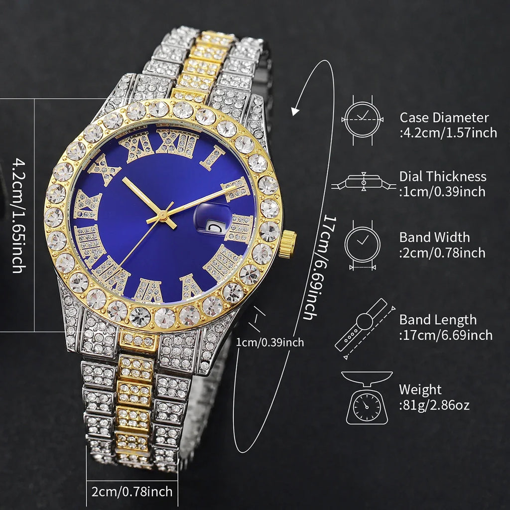 Relógio de quartzo com mostrador romano masculino com pulseira e colar, colar fashion, caixa não incluída, 3 peças por conjunto Qme