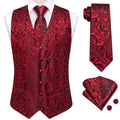 Hi-Tie Sage Mens Suit Red Paisley Vests 4PC Woven Waistcoat Tie Pocket Square Cufflinks Business Wedding Dress Waist Jacket Qme HT-MJ-0073 M