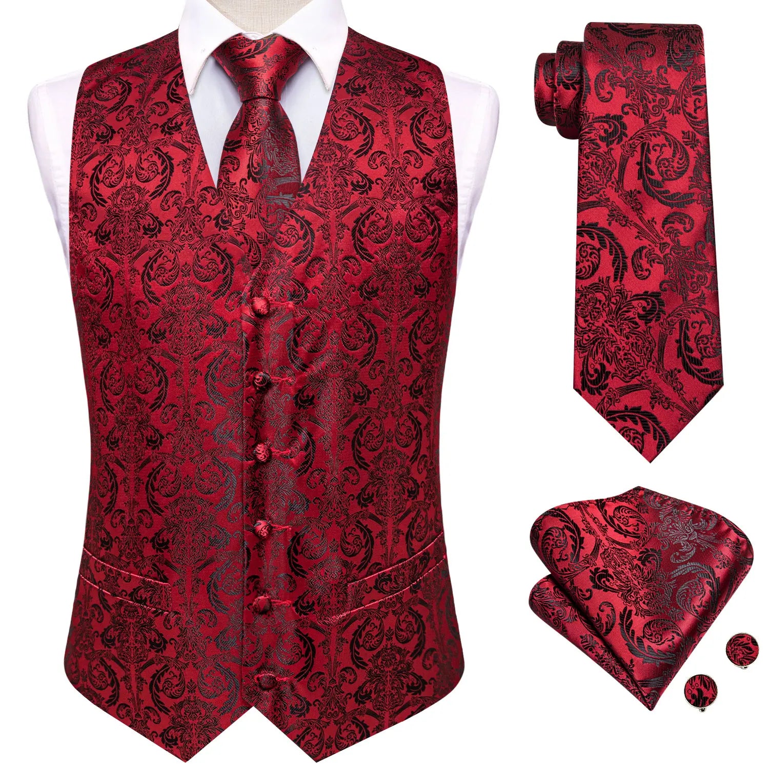 Hi-Tie Sage Mens Suit Red Paisley Vests 4PC Woven Waistcoat Tie Pocket Square Cufflinks Business Wedding Dress Waist Jacket Qme HT-MJ-0073 M