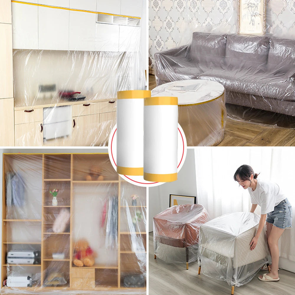 20M/65.6ft Double Pre-Taped Masking Film PE Drop Cloth Sheeting for Automotive Painting Furniture Living Room Dust-proof Protect Qme