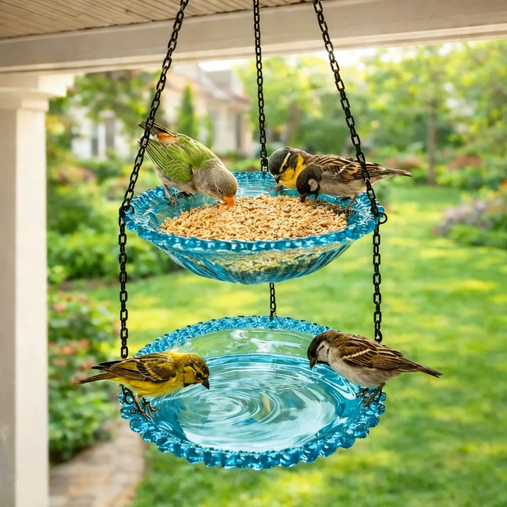 Two-layer Hanging Bird Feeder Outdoors Water Bowl Garden Yard Qme
