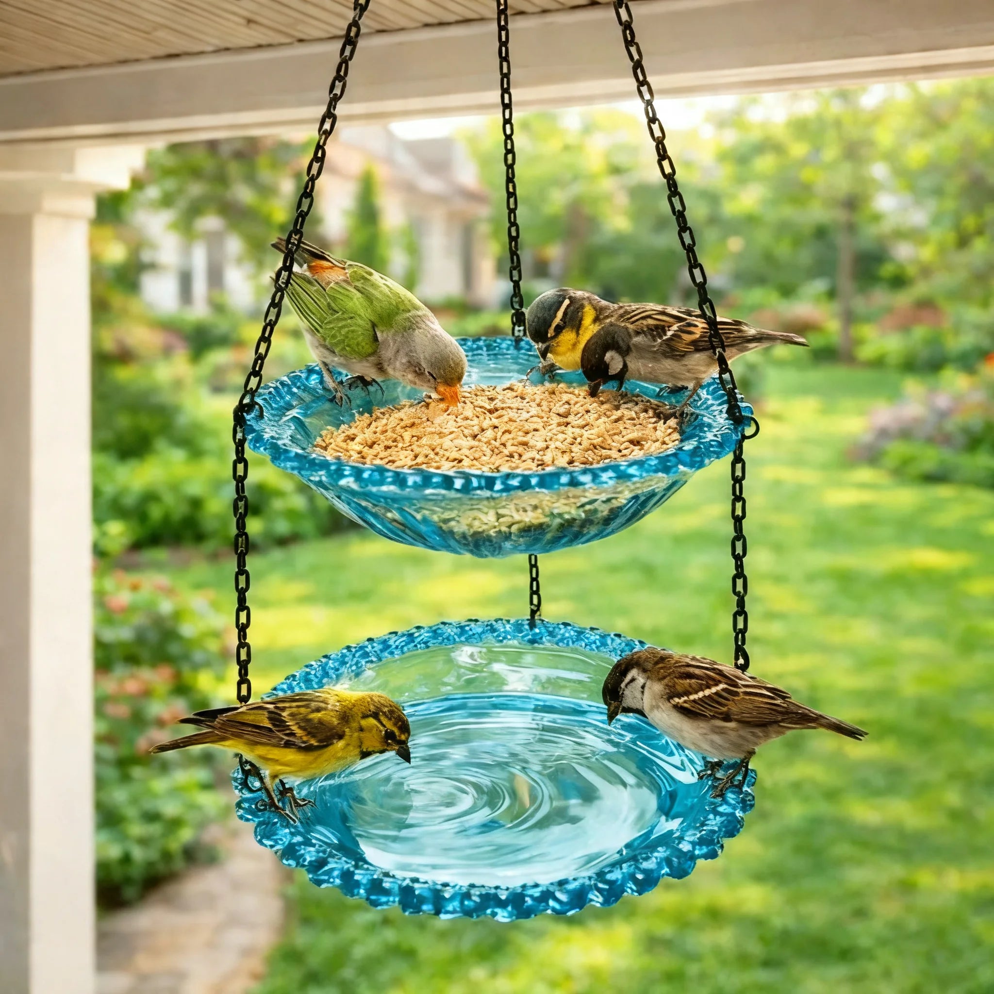 Two-layer Hanging Bird Feeder Outdoors Water Bowl Garden Yard Qme