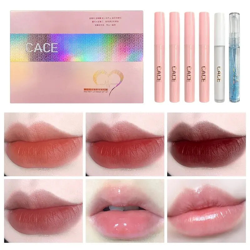 CACE Matte Liquid Lipstick Makeup Sets 4 Colors Lipgloss And 1pc Transparent Lipgloss And 1pc Lip Balm Plumper And Necklace Gift Qme Lip Makeup Kits