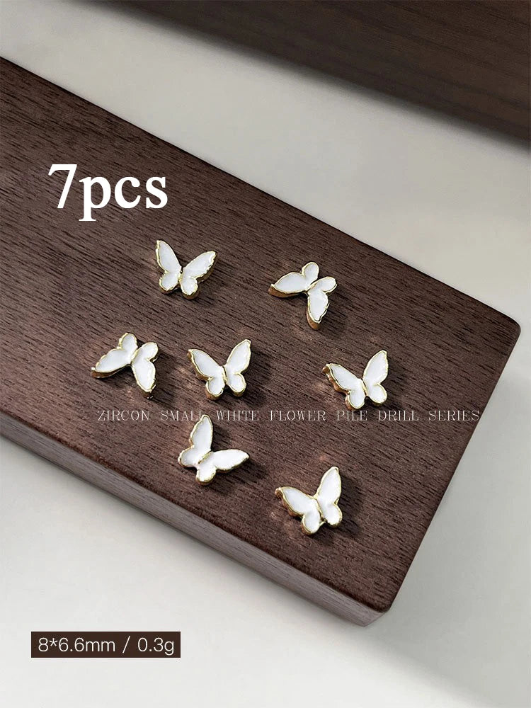 Mini Alloy Gold Silver Rimmed Butterfly Nail Charms Flat Back Tiny Metal Butterflies 3D Nail Art Embellishments for DIY Manicure Qme white 7pcs