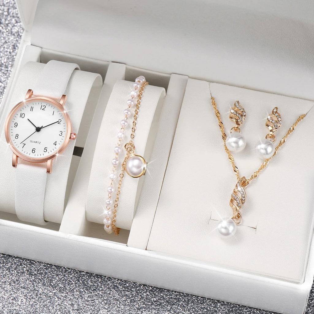 4 Pcs/Set Women's Casual Rome Fashion Quartz Watch Analog Plutonium Leather Wrist Watch & Jewelry Set, Gift For Her Mother Qme WHITE