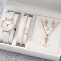 4 Pcs/Set Women's Casual Rome Fashion Quartz Watch Analog Plutonium Leather Wrist Watch & Jewelry Set, Gift For Her Mother Qme WHITE