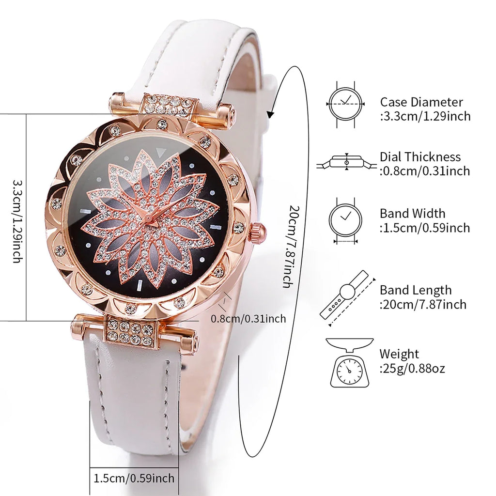 6PCS/Set Women's Watch Fashion Rhinestone Flower Dial Quartz Watches Bracelets Set（Without Box） Qme