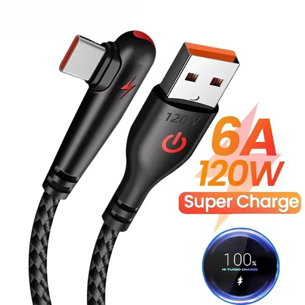 120W 6A 90 Degree USB Type C Cable Super Fast Charging Braided Data USB C Cable for Samsung Xiaomi Cell Phone USB Charger Cable Qme