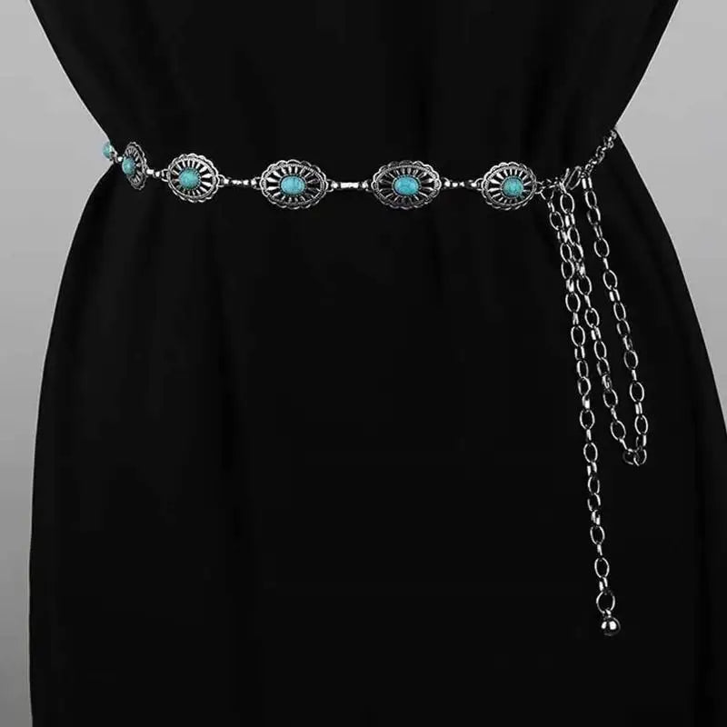 Fashion Bohemian Female Circular Waist Chain Luxury Turquoise Ellipse Chain Belt For Women Suitable For Skirts Dress Qme