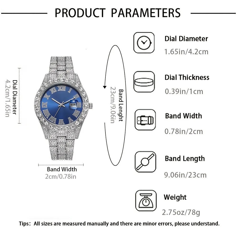 Hot Sale 4Pcs Silver Iced Out Men's Watch & Jewelry Set, Blue Dial Watch + Cuban Bracelet + Cross Necklace + Ring, Hip Hop Style Qme