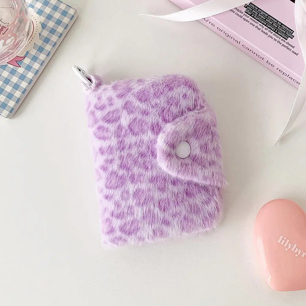 Leopard Print Coin Purse Plush Snap Closure Mini Wallet for Girls Portable ID Card Holder Coin Bag Small Clutch Pocket Wallet Qme Purple