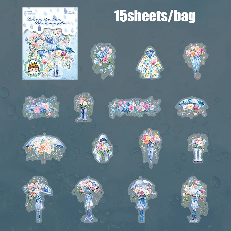 15 Sheets/bag Umbrella Floral PET Stickers for Scrapbooking DIY Journal Planner Collage Art Phone Case Notebook Decoration Qme 1