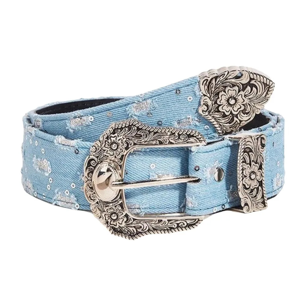 Casual Korean Sequin Belt Harajuku Y2k Metal Buckle Aesthetic Ripped Qme Blue